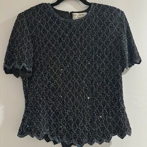 Vintage Papell Boutique Evening Top Womens Medium Black Silk Iridescent Beaded